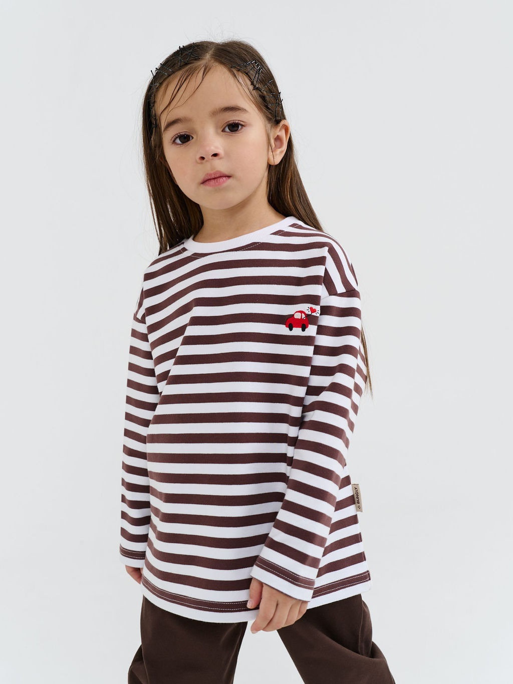 Лонгслив Полоска Шоколад с вышивкой - Bungly фото 3