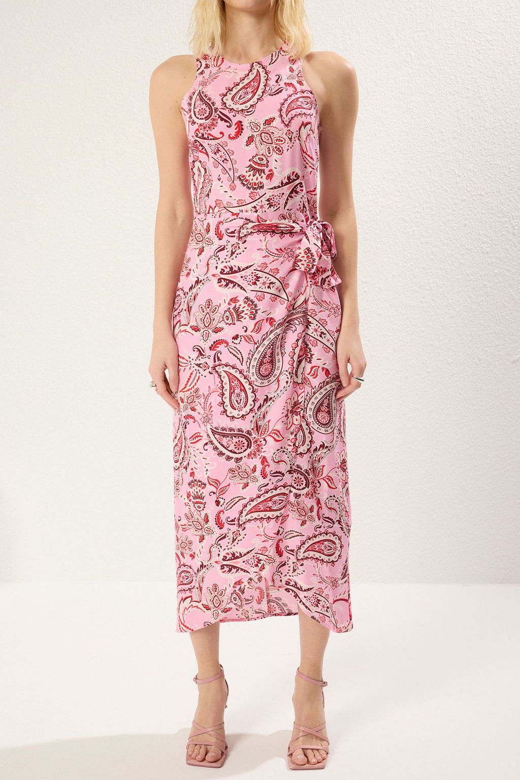 Pembe Sal Desen A Kesim Baglama Detayl? Midi Dokuma Elbise TWOSS24EL00458