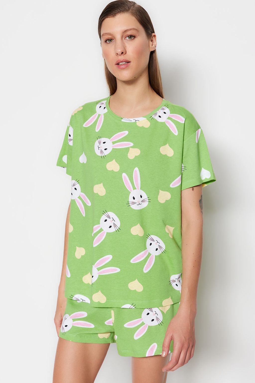 Trendyolmilla Ekru %100 Pamuklu Ay?c?kl? Sortlu Orme Pijama Tak?m? THMSS23PT00005  фото 3