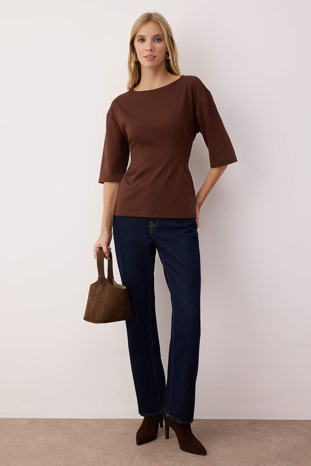 Kahverengi Interlok Peplum/Belden Oturmal? Esnek Orme Bluz TWOAW26BZ00187