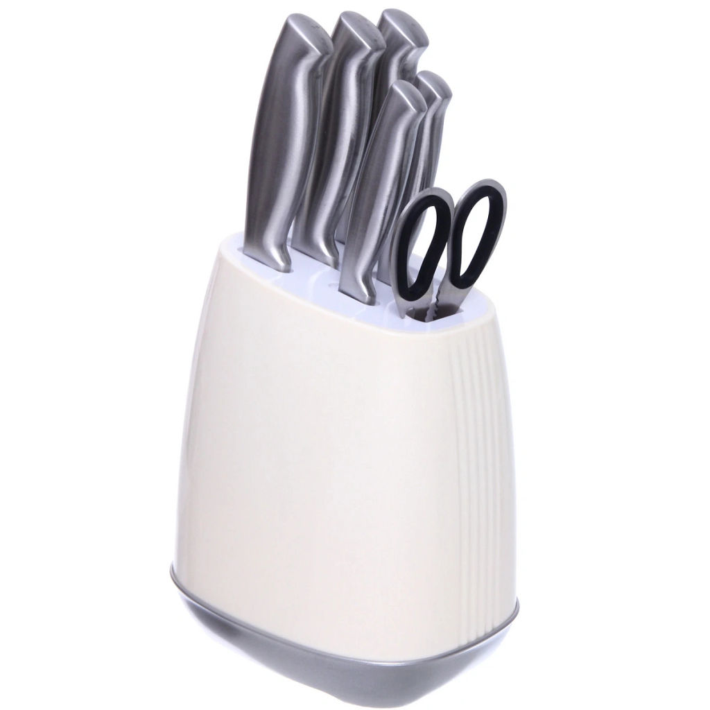 Набор ножей "SHEF" 7предметов (5ножей+ножницы+подставка), молочный