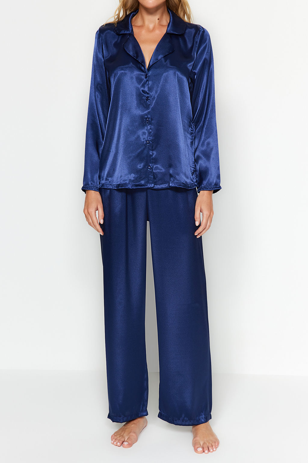 Lacivert Saten Gomlek-Pantolon Dokuma Pijama Tak?m? THMAW24PT00026 - Trendyolmilla фото 5