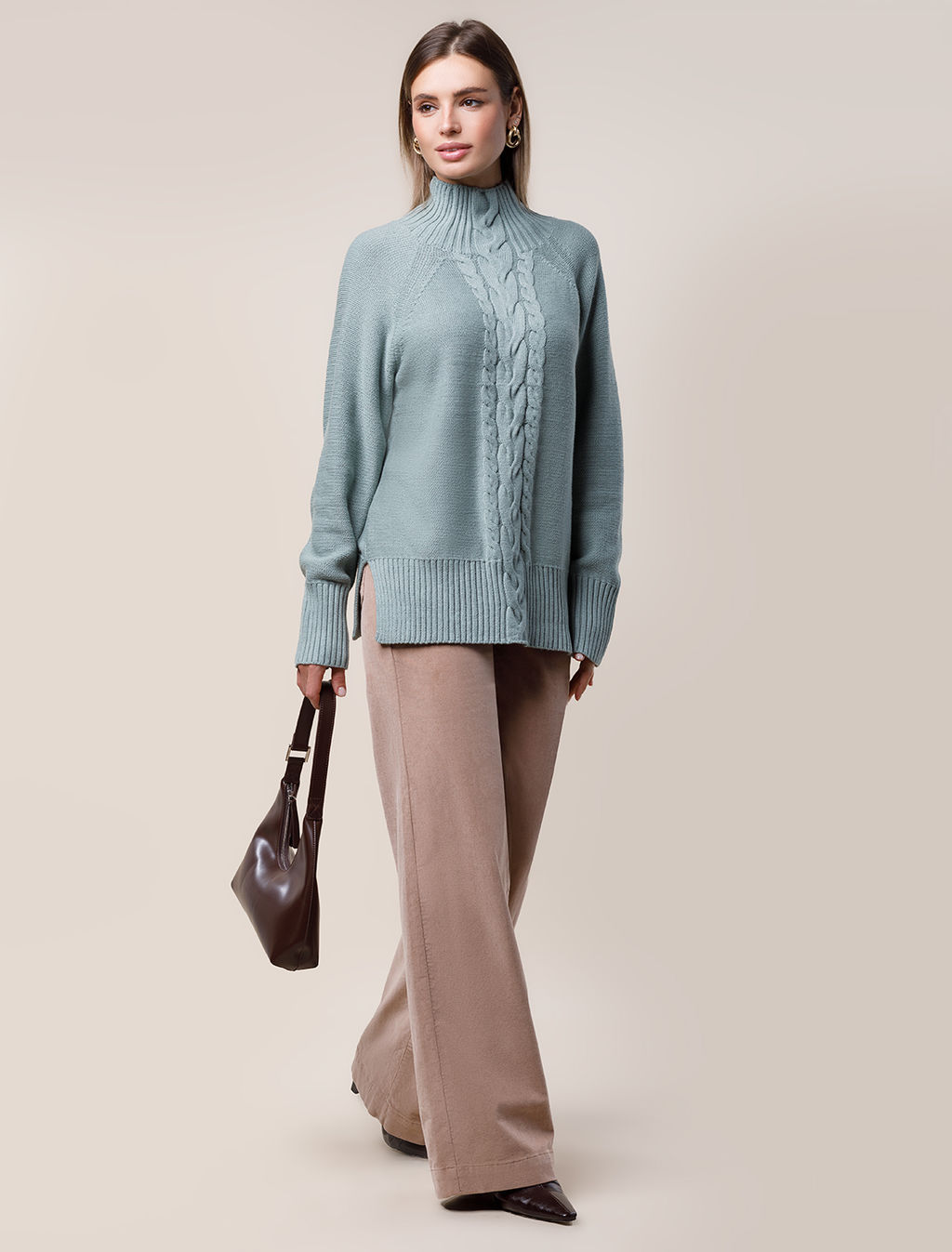 Свитер фактурной вязки с узором косы - Vilatte фото 5