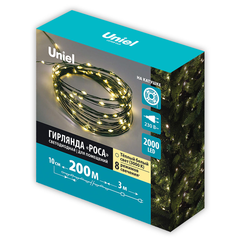 ULD-S20000-2000/DGA WARM WHITE IP20 DEW Гирлянда светодиодная "Роса", 200м. 2000 светодиодов. Теплый белый свет. Провод зеленый. ТМ Uniel
