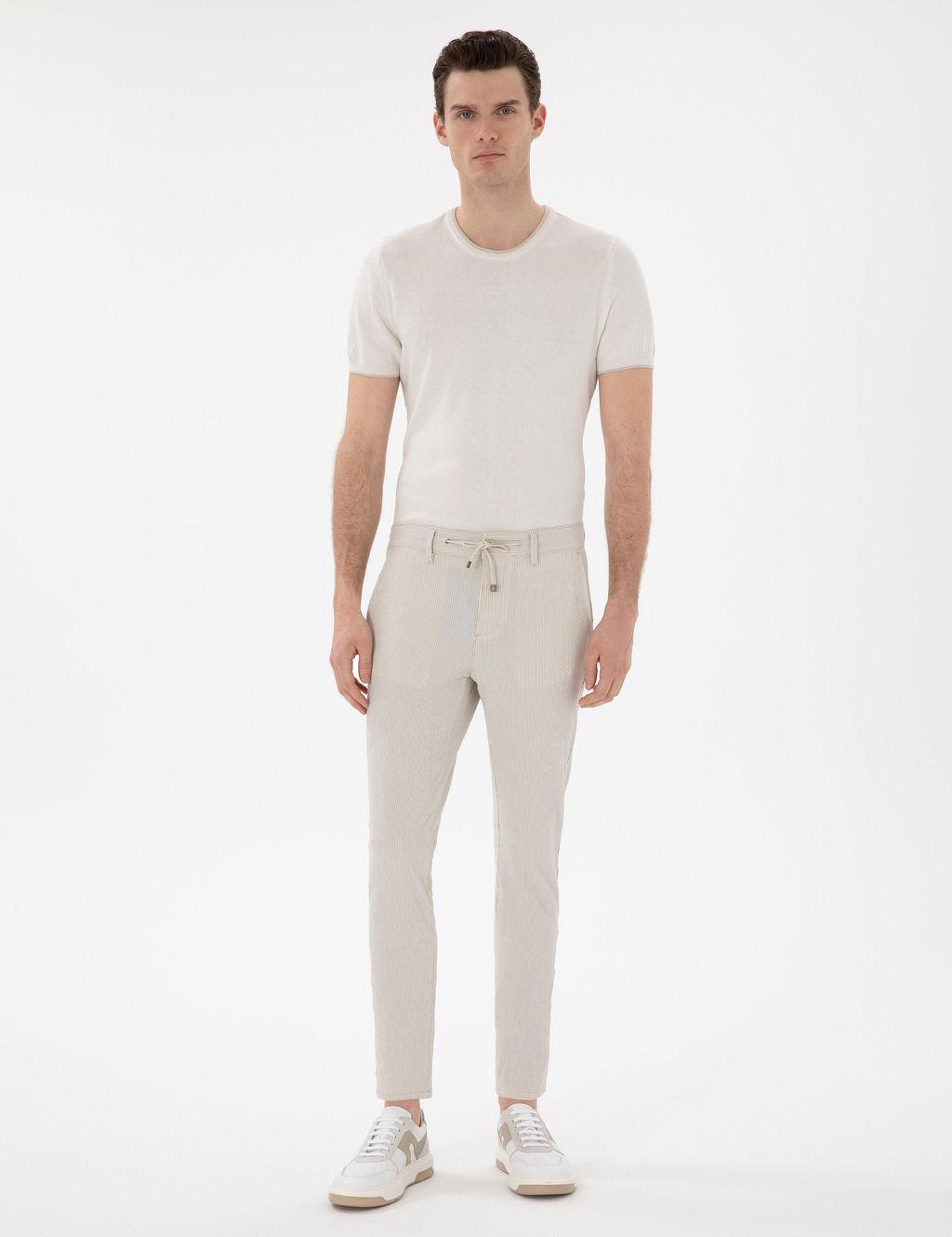 Bej Slim Fit Gofre Yazl_k Kanvas Pantolon