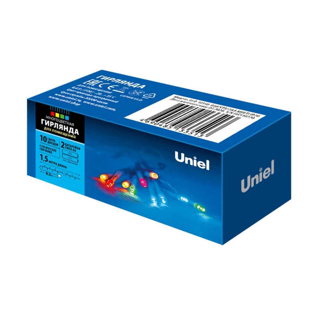 ULD-S0150-010/STB/2AA MULTI IP20 Гирлянда светодиодная на батарейках 2AA (не в/к), 1,5м. 10 светодиодов. Разноцветный свет. Провод прозрачный. TM Uniel