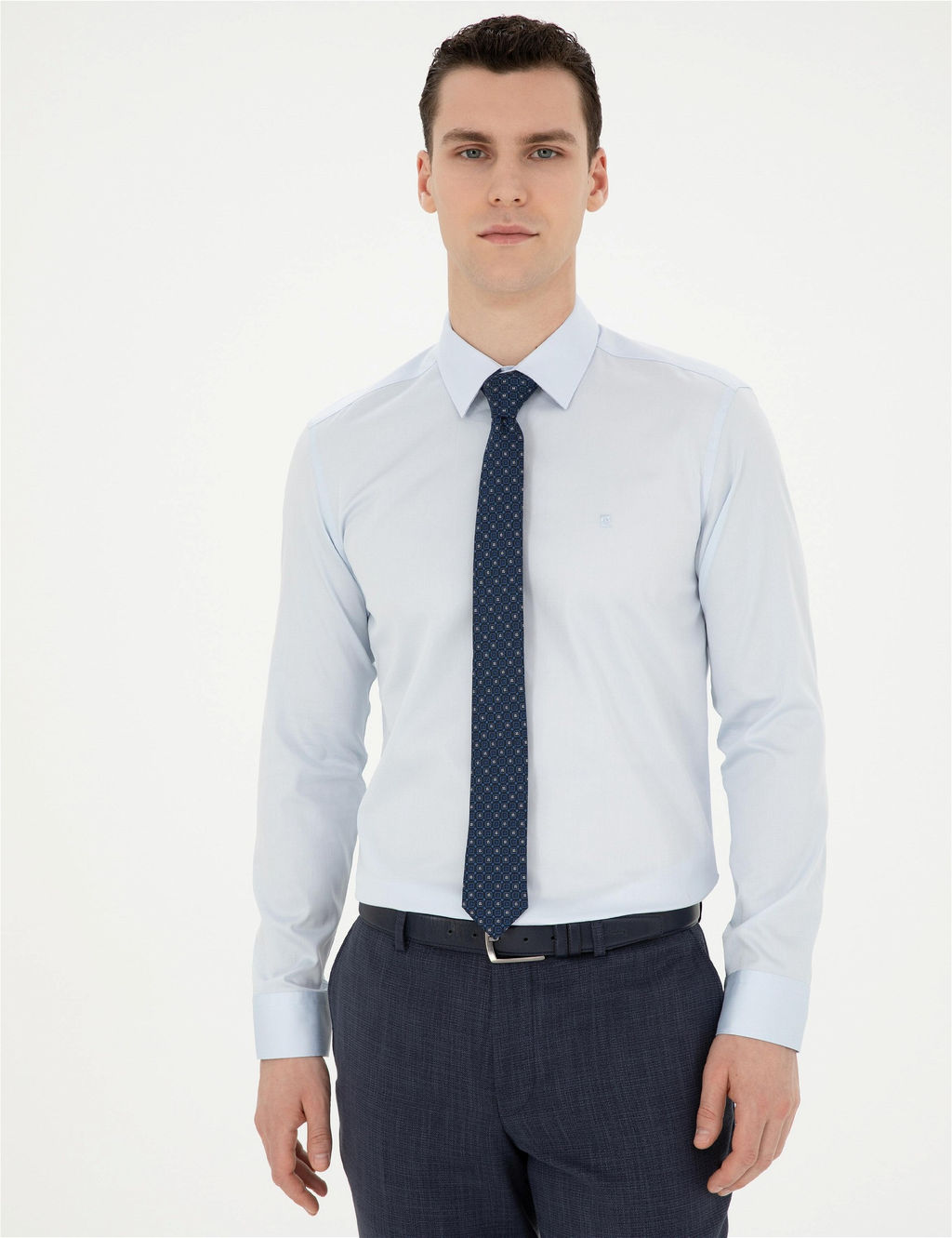 A__k Mavi Slim Fit Uzun Kollu Basic G_mlek