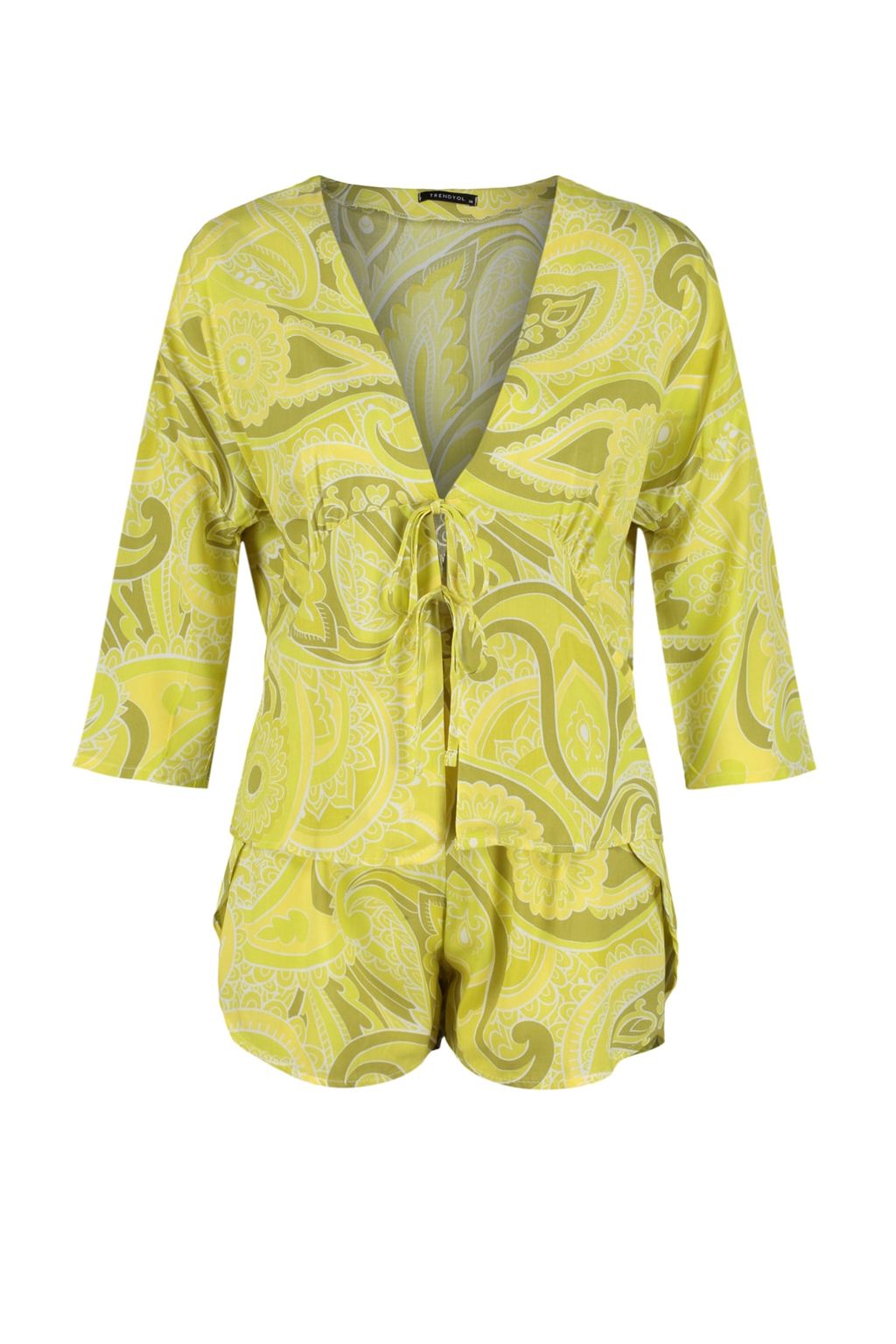 Trendyolmilla Cok Renkli Etnik Desenli Baglama/Fiyonk Detayl? Viskon Sortlu Dokuma Pijama Tak?m? THMSS23PT00165  фото 13