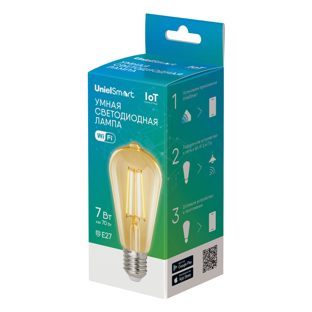 LED-ST64-7W/SW/E27/230V/WF GLS82GO Умная лампа светодиодная Wi-Fi+Bluetooth, диммируемая. Форма "конус", золотистая. Стеклянная колба. 2700-6500K. Голосовое управление+приложение UnielSmart. TM Uniel