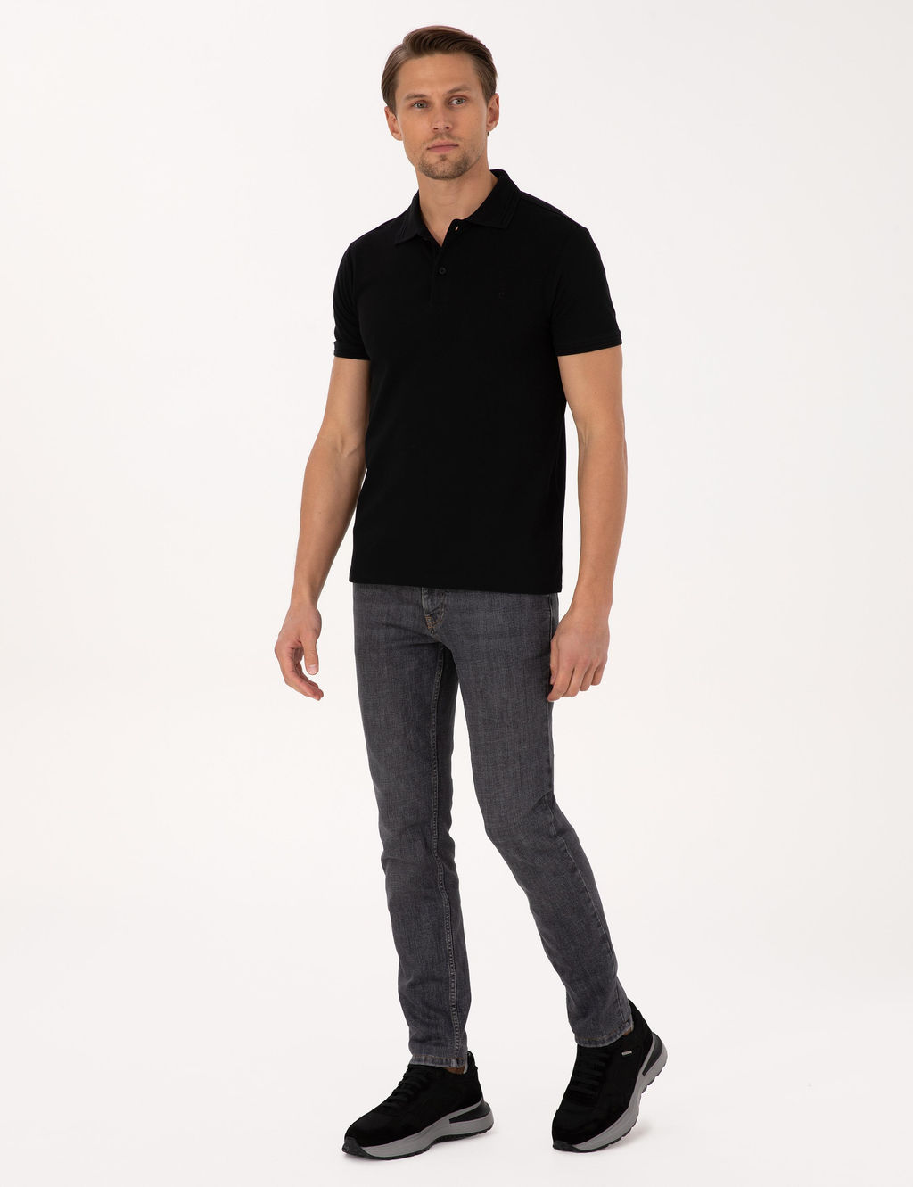 Siyah Slim Fit %100 Pamuk K_vr_lmaz Polo Yaka Basic Ti__rt