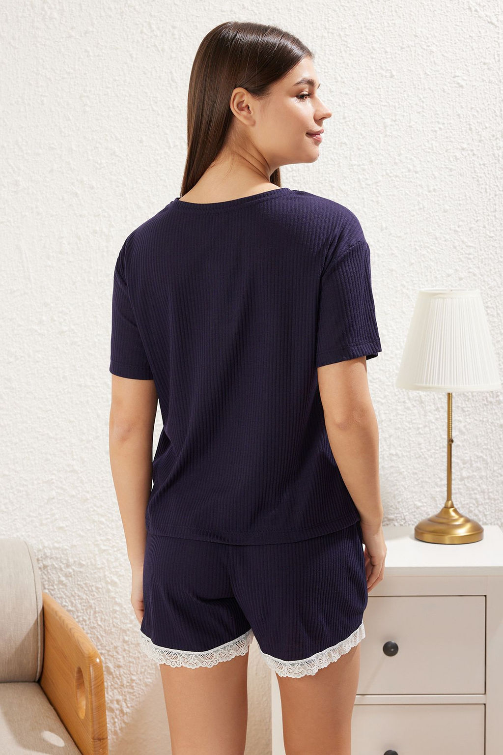 Trendyolmilla Lacivert Dantel Detayl? Fitilli Sortlu Orme Pijama Tak?m? THMSS25PT00213 фото 5