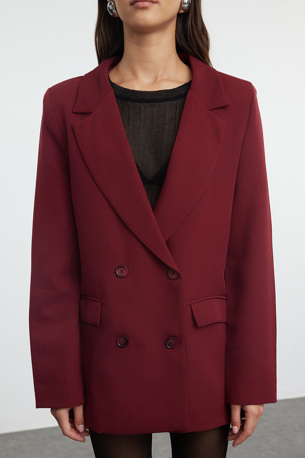 Bordo Regular Astarl? Kruvaze Kapama Dokuma Blazer Ceket TWOAW21CE0264