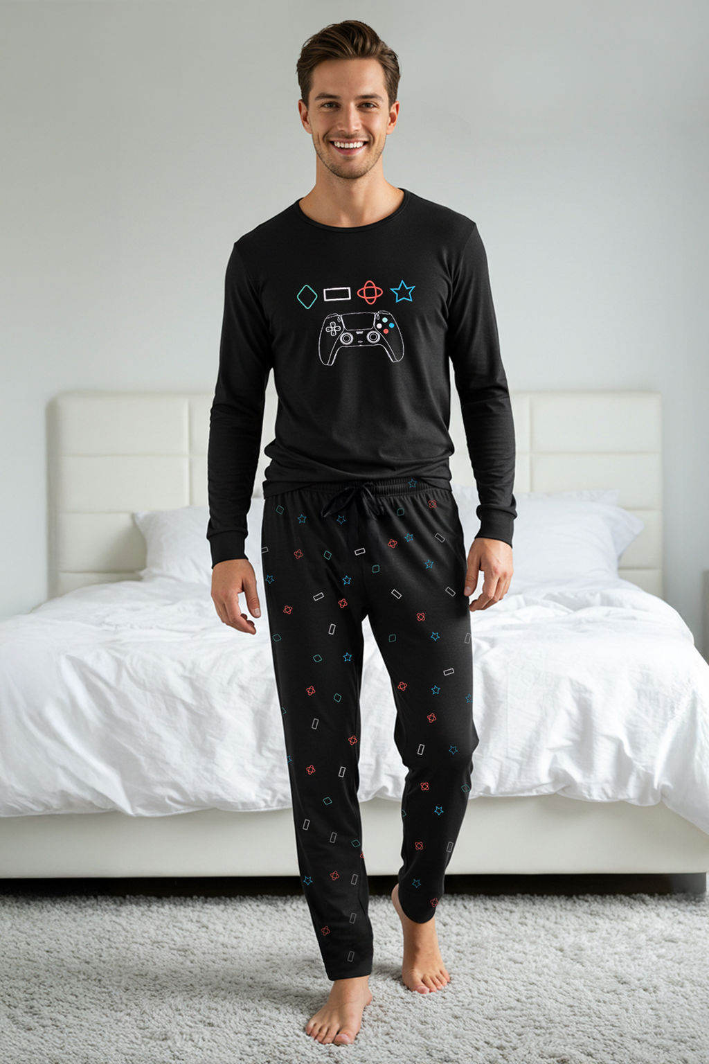 Siyah Regular Game Bask?l? Orme Pijama Tak?m? TMNAW24PT00012