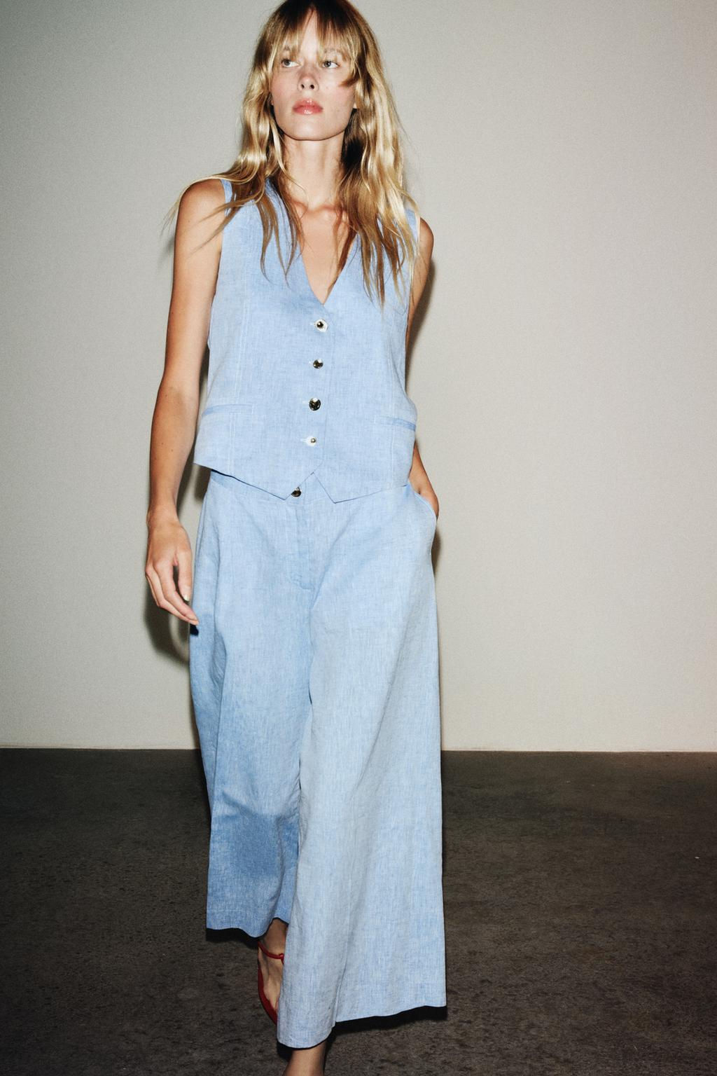 LINEN BLEND WAISTCOAT JUMPSUIT - Zara фото 2