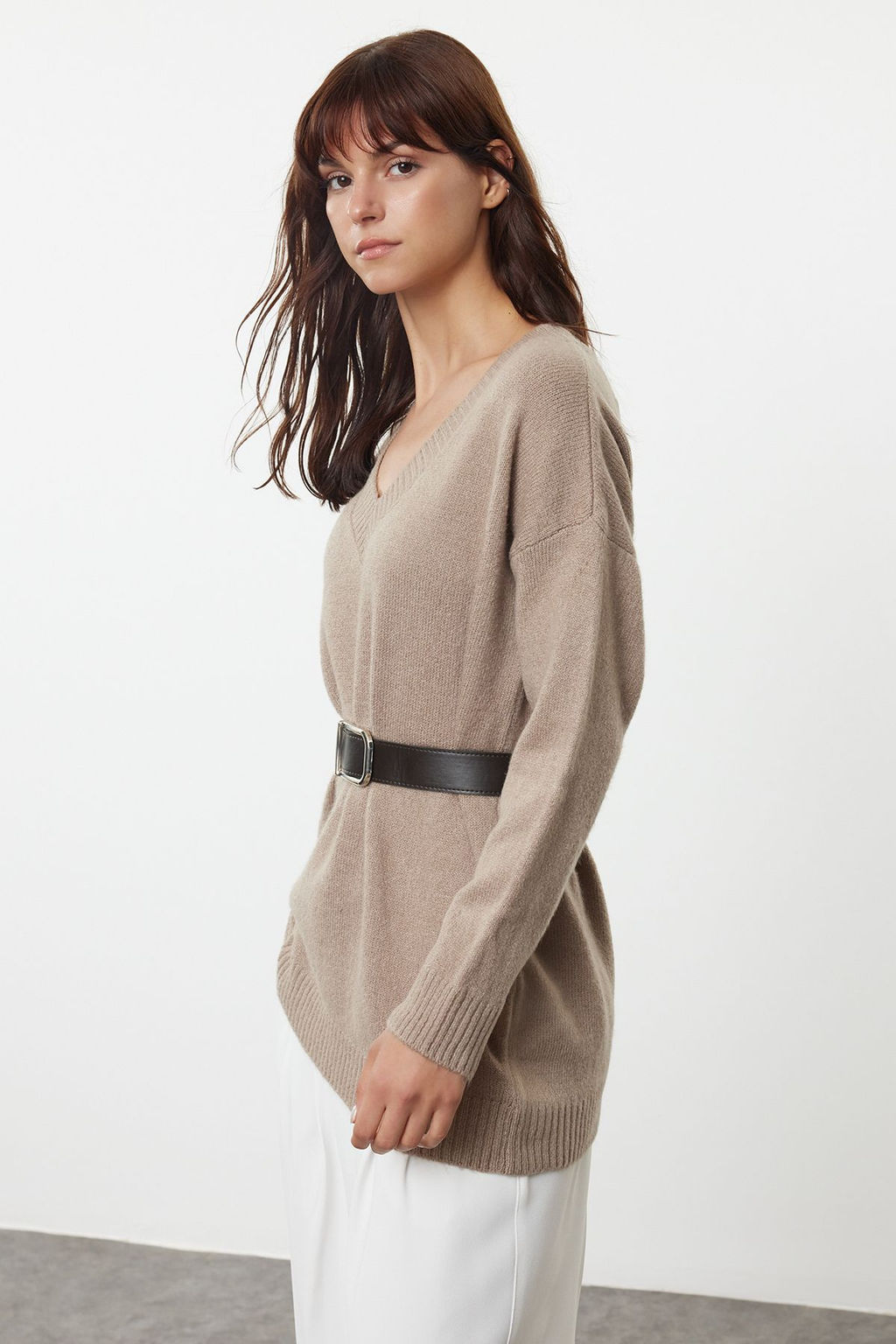 Vizon Genis Kal?p Kemerli Yumusak Dokulu Triko Kazak TWOAW25KZ00054