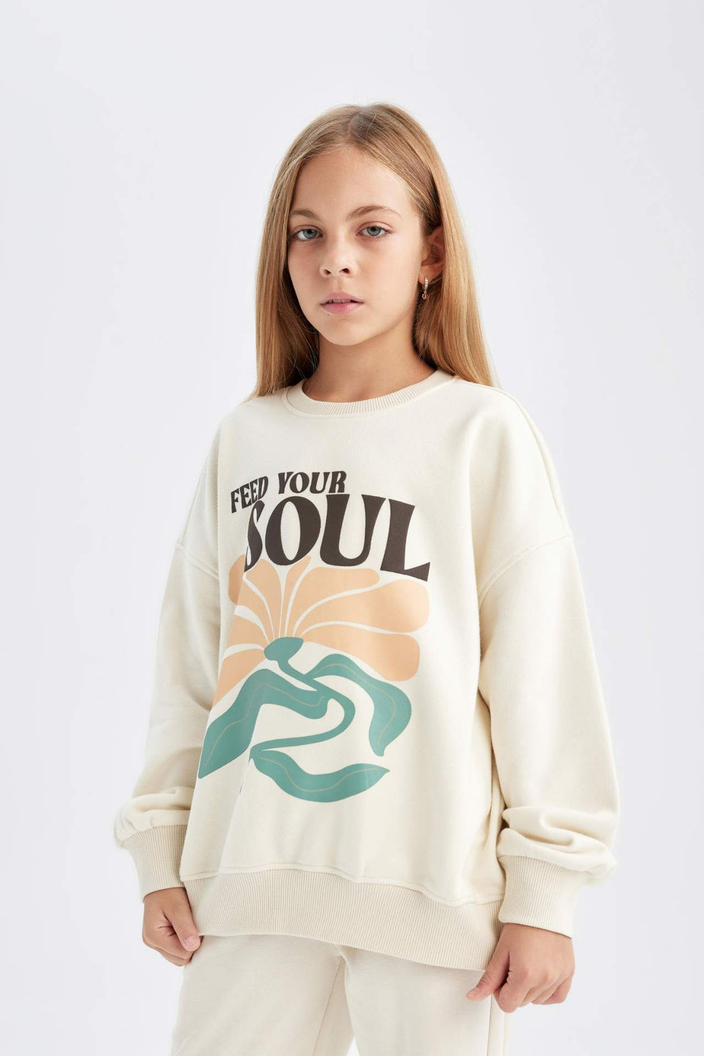 K?z Cocuk Oversize Genis Kal?p Bisiklet Yaka Bask?l? Sweatshirt - Defacto фото 2
