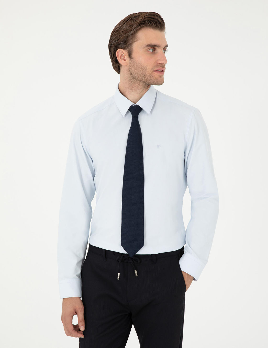 A__k Mavi Slim Fit Uzun Kollu Basic G_mlek