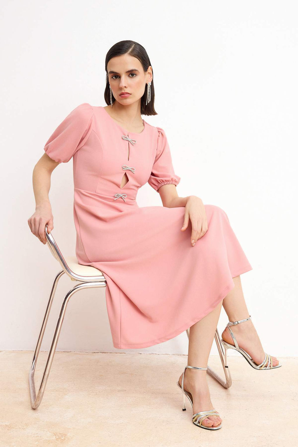 Ac?k Pembe Duz Etegi Belden Ac?lan Fiyonklu Orme Finike Midi Astars?z S?k/Gece Elbise