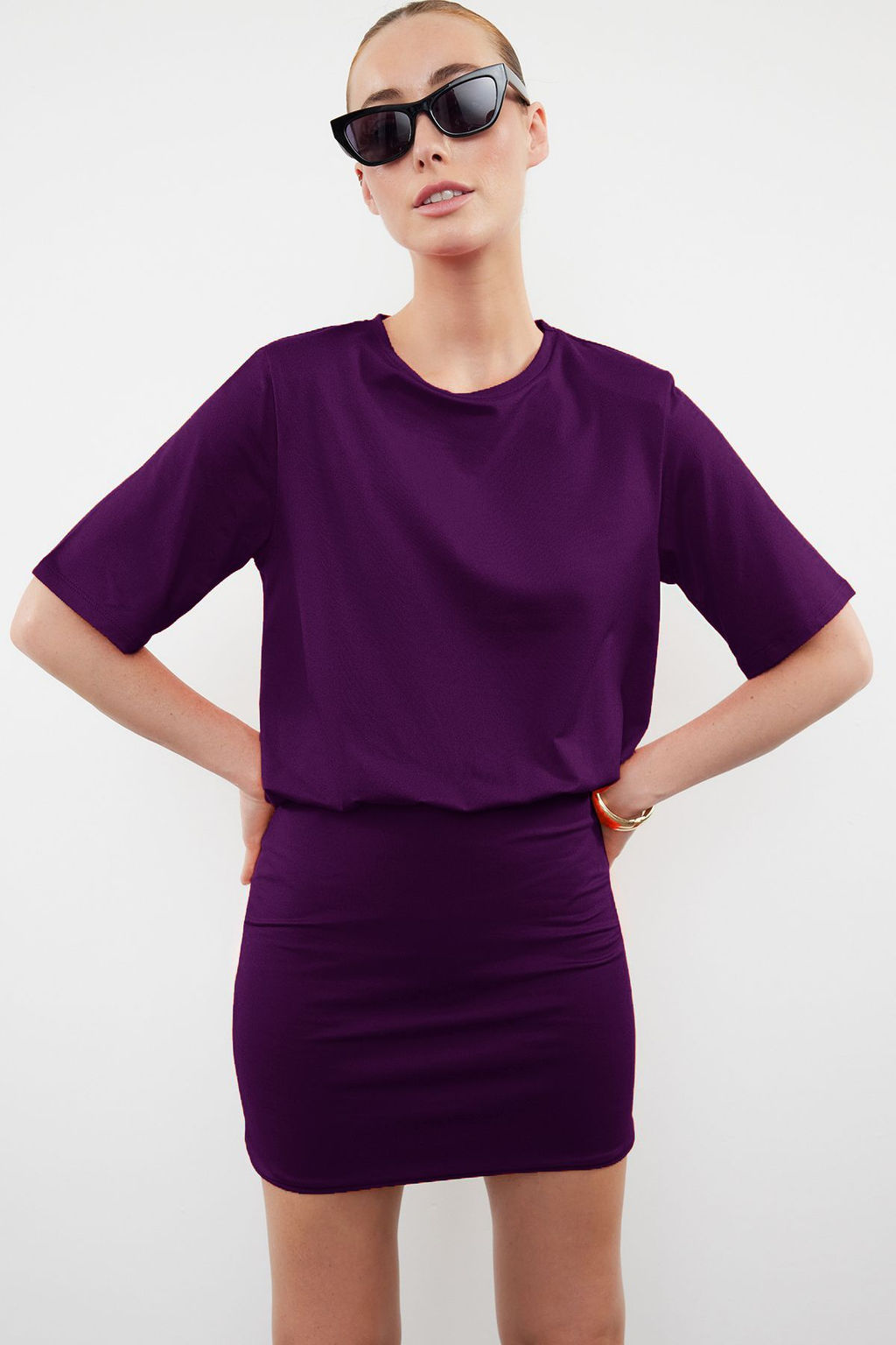 Mor Duz Yumusak Kumasl? Fitted/Vucuda Oturan K?sa Kollu Esnek Orme Elbise TWOSS24EL00756