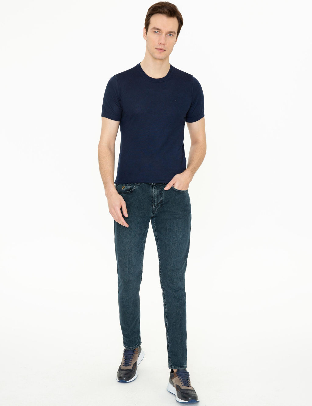 Темно-синяя приталенная трикотажная футболка с круглым вырезом - Cacharel фото 5