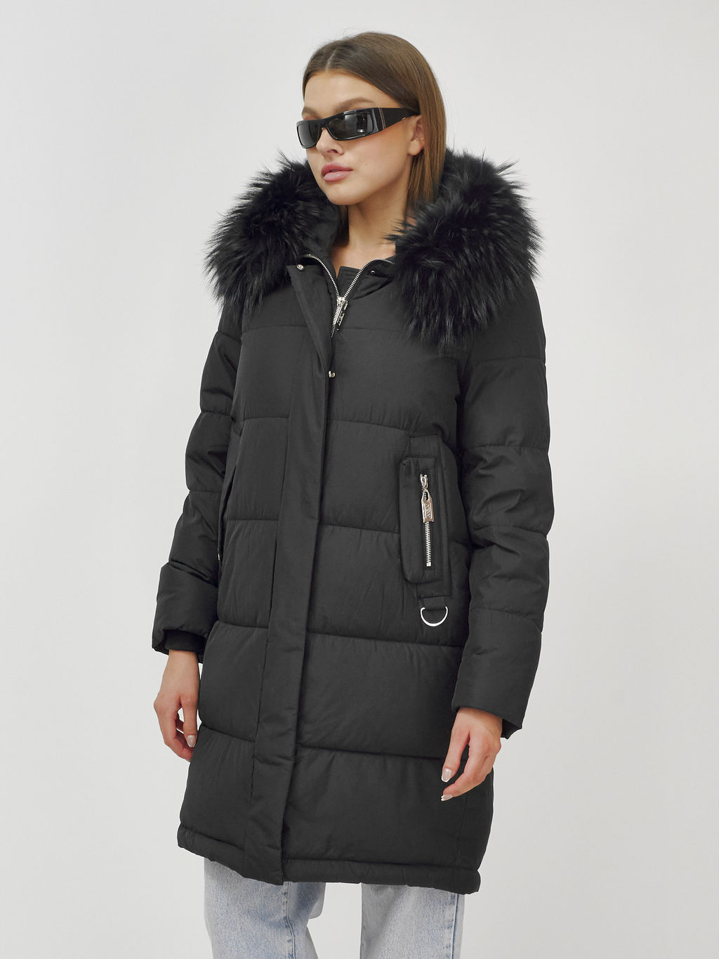 Куртка Бренд Visdeer  ПРЕМИУМ КЛАССА зимняя с мехом ЕНОТА, черного цвета  фото 19
