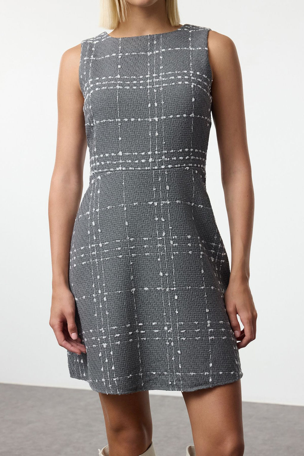 Gri Ekose / Kareli Mini Dokuma Elbise TWOAW23EL00258