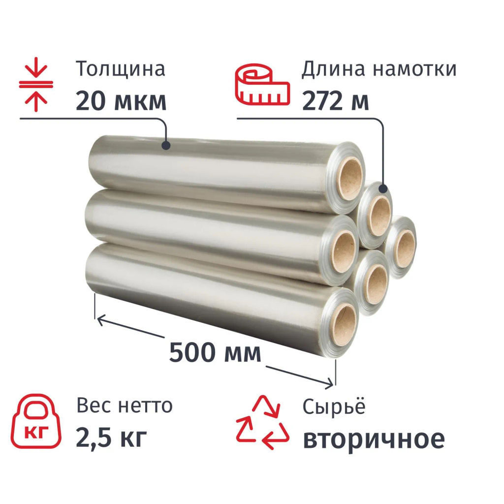 Стрейч-пленка втор.сыр для ручн.уп 500ммх20мкм, 2,5кг нетто, 6шт/уп (ИР.ПУ)