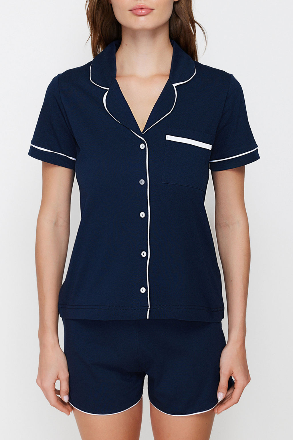 Trendyolmilla Lacivert %100 Pamuklu Biye Detayl? Sortlu Orme Pijama Tak?m? THMSS20PT0406  фото 13