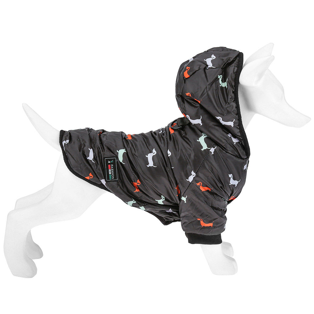 Пэт тойс (Pet toys) Одежда для собаки Куртка с капюшоном, с метал. кольцом, с принтом, на кнопках, р-р M, длина спинки 24см/обхват груди 34см/обхват шеи 28см, цвет-черный, плащевка/синтепон/флис (100% полиэстер) (Китай) - Домашняя мода фото 2