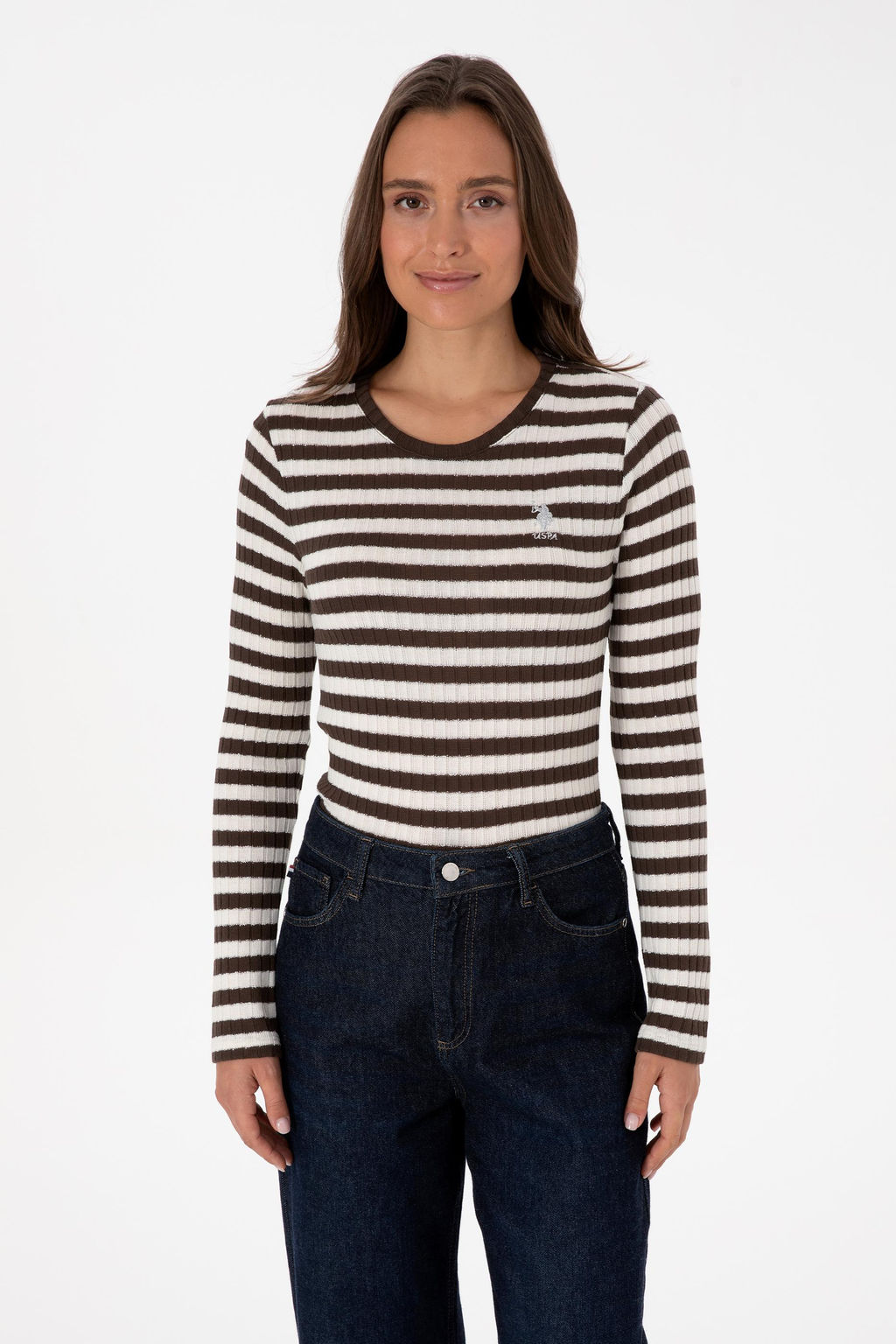 Kad_n Kahverengi _izgili Bisiklet Yaka Sweatshirt