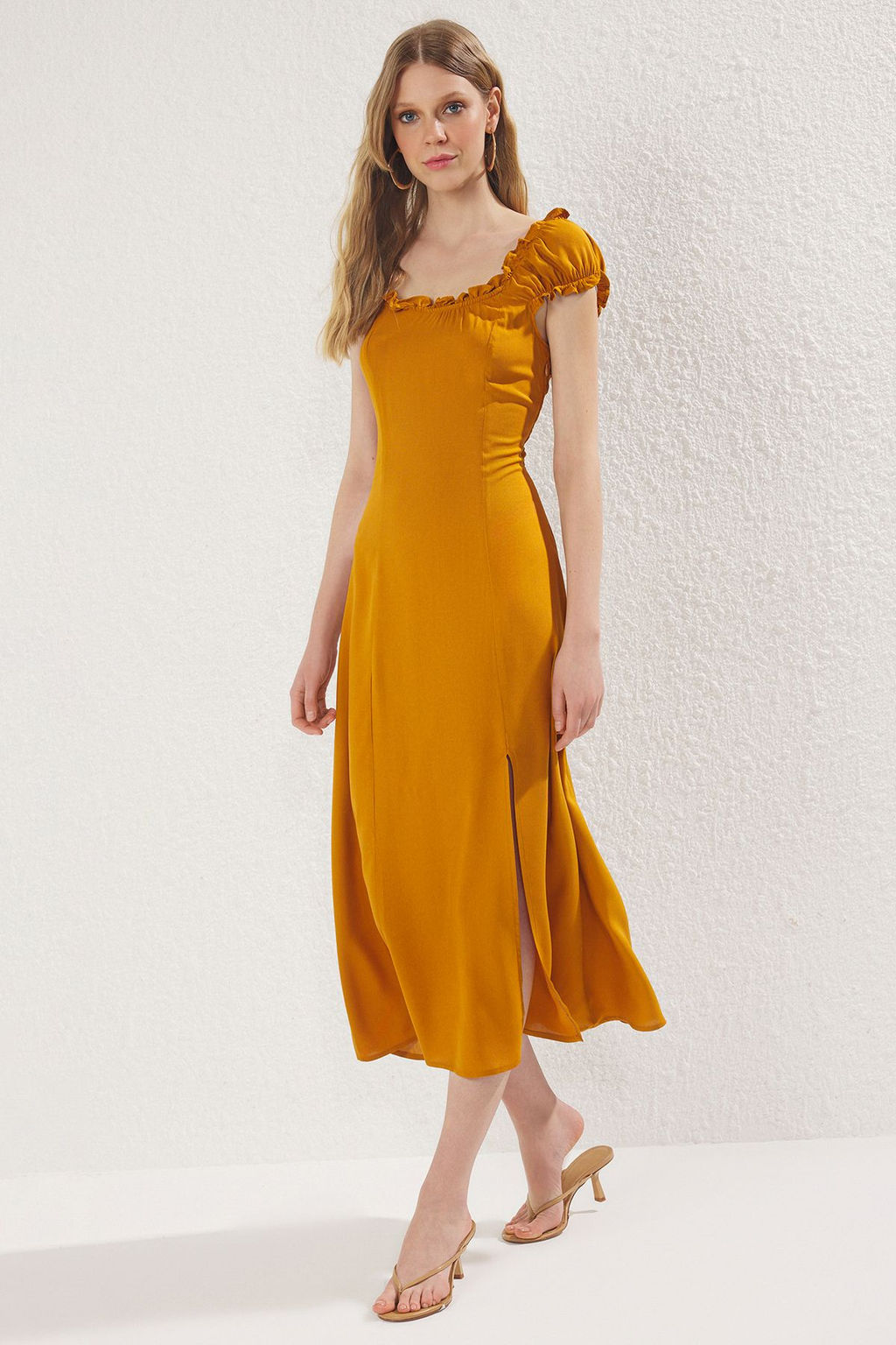 Kiremit A Kesim Yakas? Lastik Detayl? Midi Dokuma Elbise TWOSS25EL00632 - Trendyolmilla фото 3