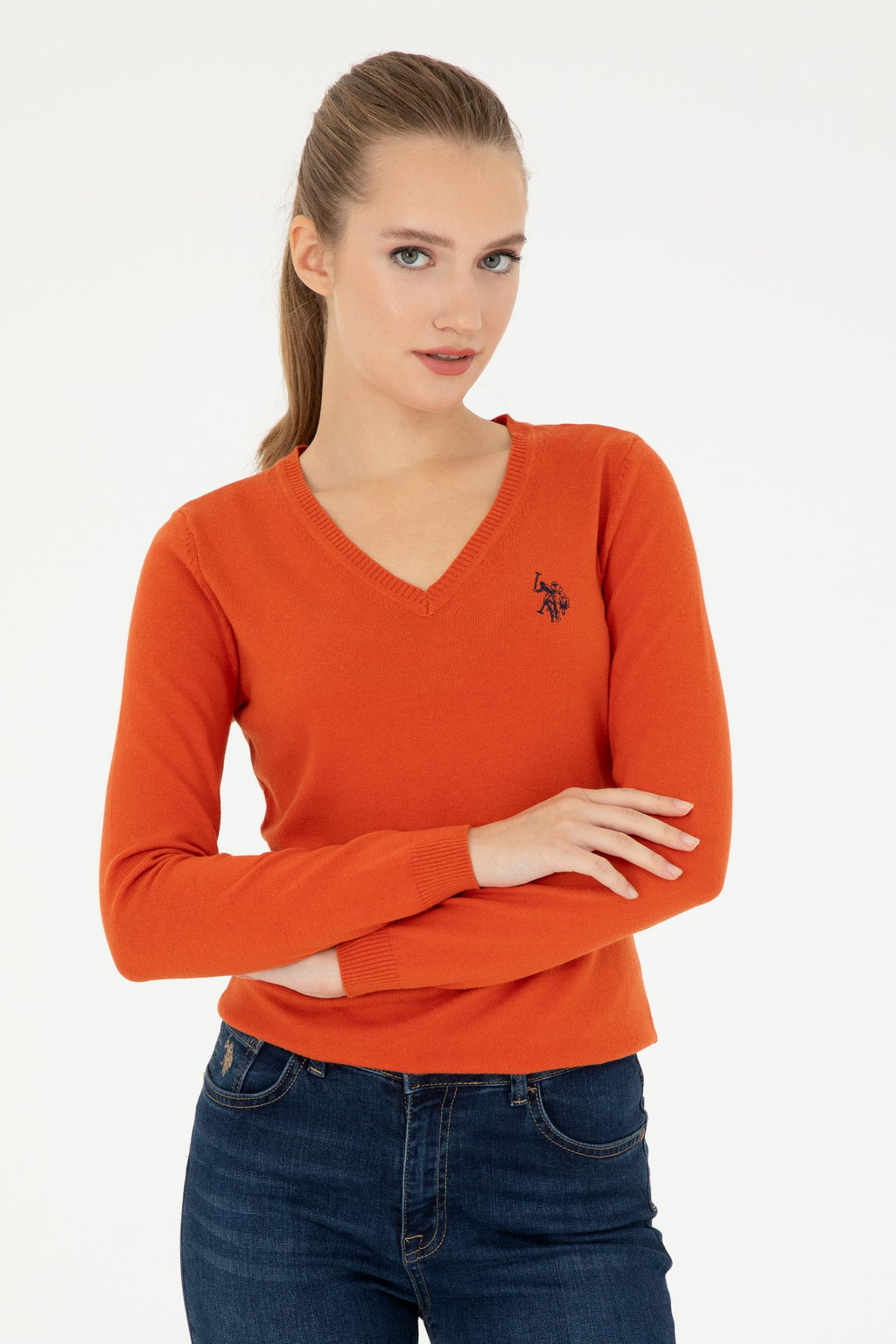 Женский базовый свитер с v-образным вырезом кирпичного цвета Неожиданная скидка в корзине - U.s. polo assn фото 8