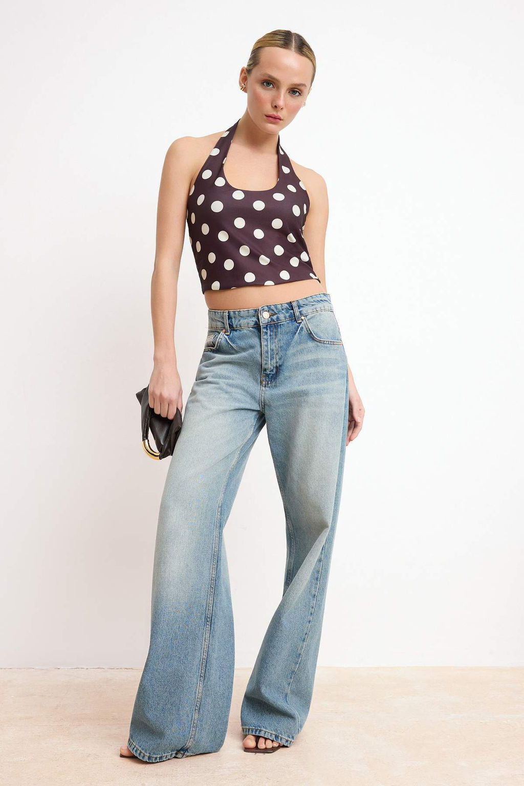 Kahverengi Puantiyeli Regular/Normal Kal?p Kalp Yaka Volanl?/F?rf?rl? Saten Orme Bluz TWOSS26BZ00429