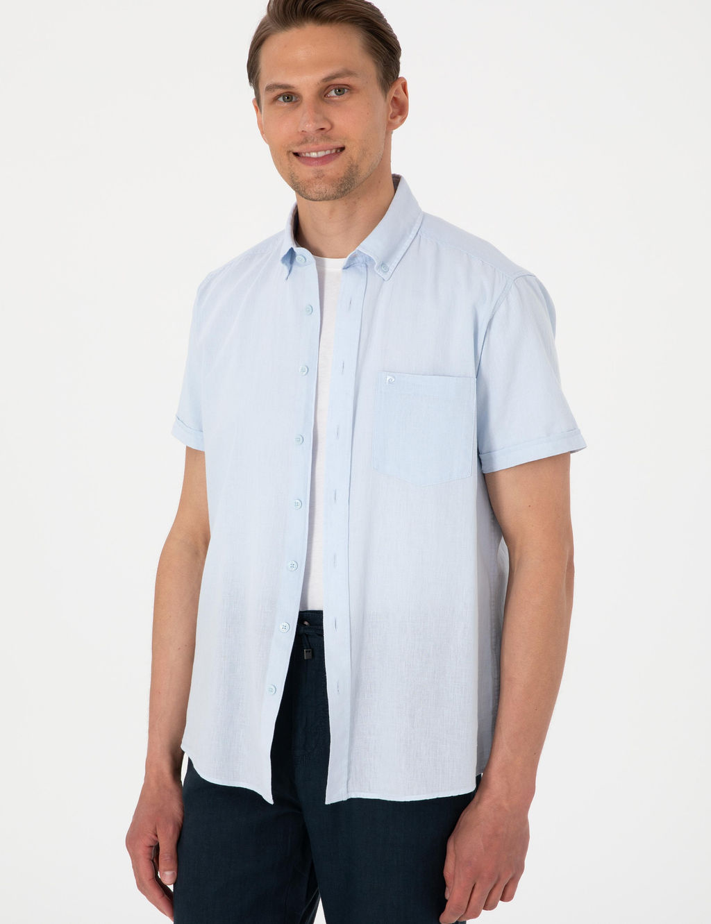 Рубашка Pierre Cardin Regular Fit светло-голубая из льняной смеси