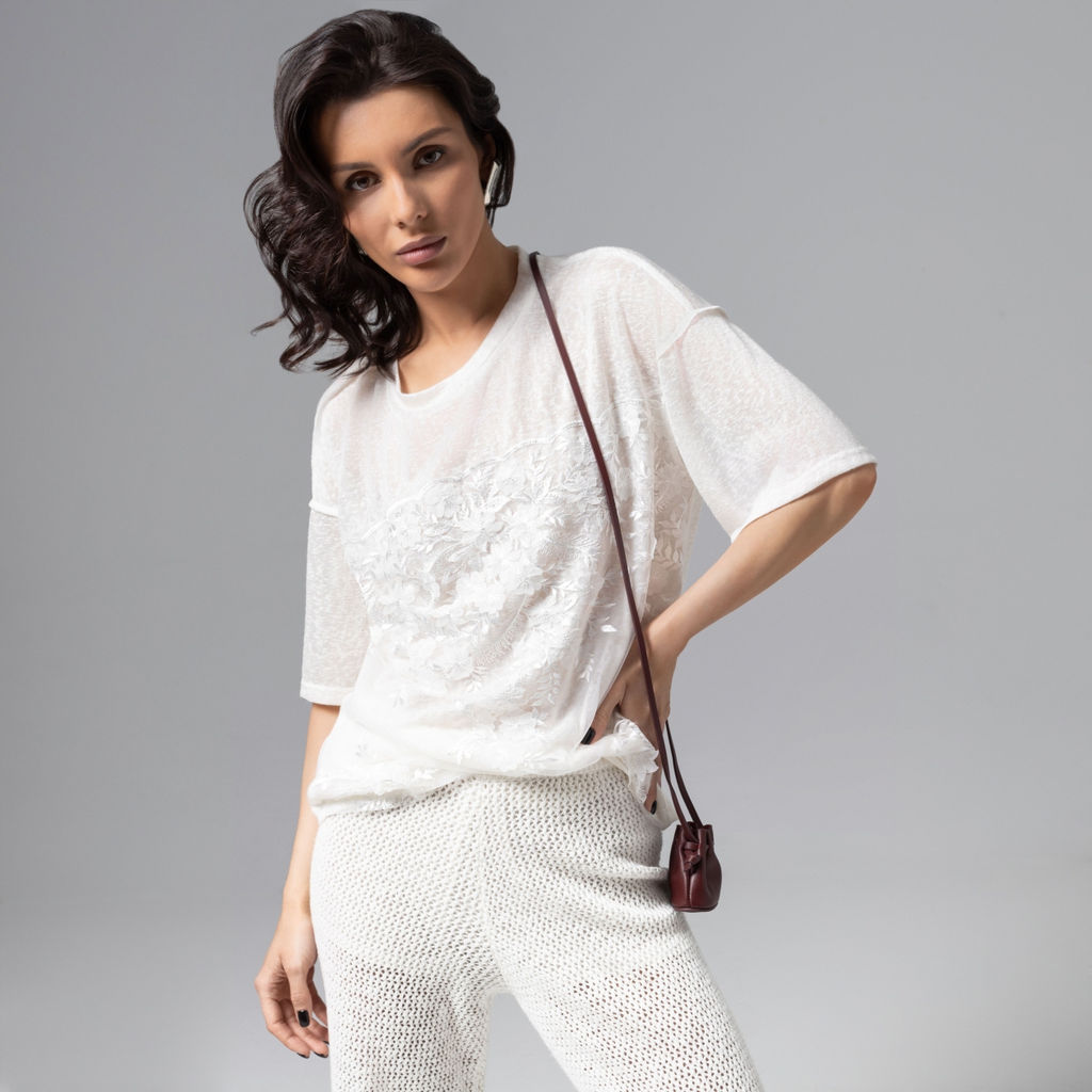 Футболка комбинированная с вышивкой, Буду тебе сниться (айвори) - Charutti фото 4