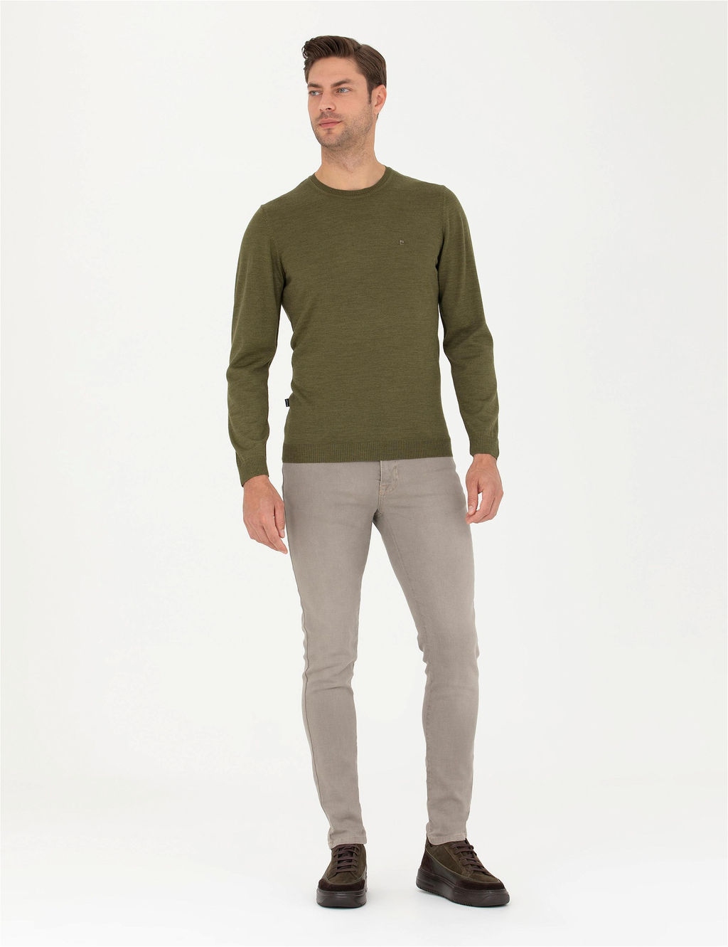 A__k Ye_il Slim Fit Bisiklet Yaka Y_n Kar___ml_ Basic Triko Kazak