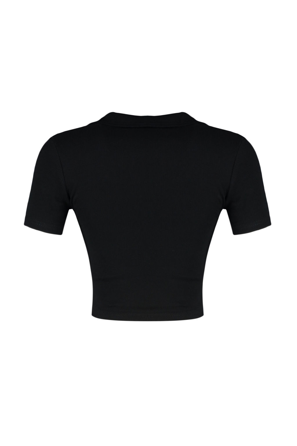 Siyah Fitted/Vucuda Oturan Crop Polo Yaka Fitilli Esnek Orme Bluz TWOSS21BZ0038