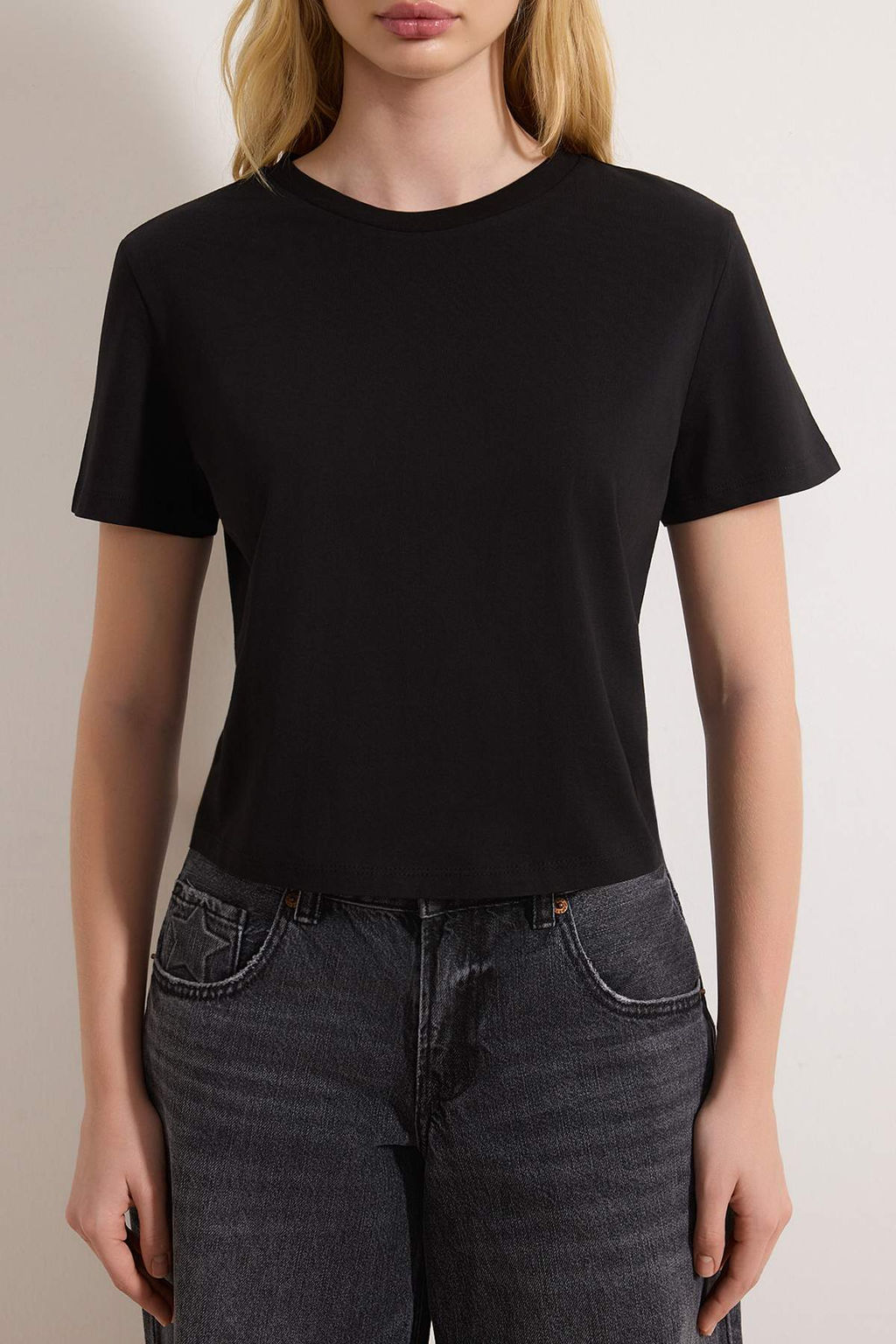 Gri Melanj-Siyah 2li Paket %100 Pamuk Crop Bisiklet Yaka Orme T-Shirt TWOSS20TS1480