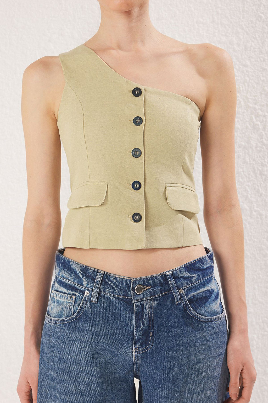 Trendyolmilla Haki Regular Keten Gorunumlu Tek Kol Dokuma Yelek TWOSS25YE00086  фото 12