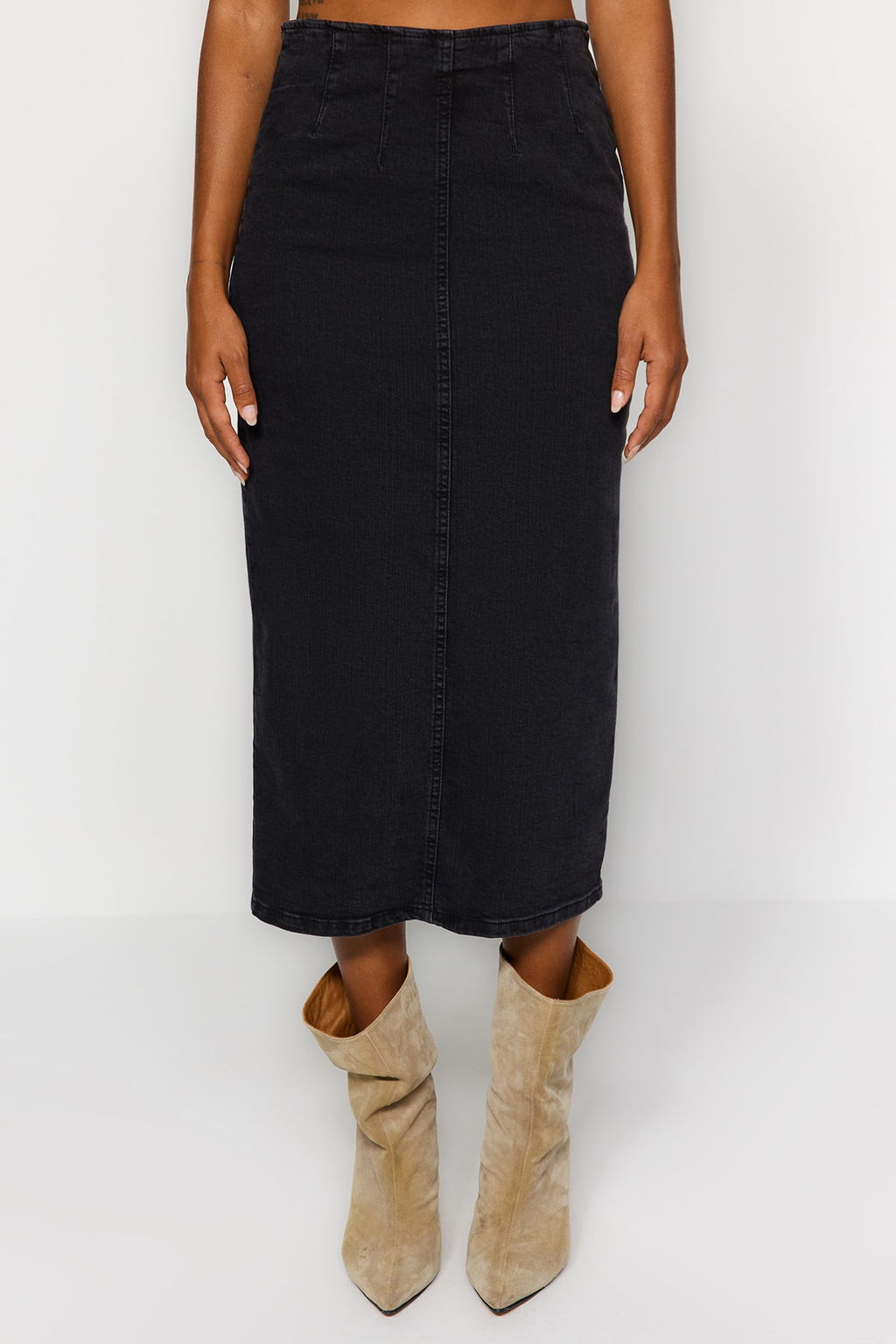 More Sustainable Siyah Dikis Detayl? Midi Kalem Comfort/Esnek Denim Etek TWOAW24ET00057