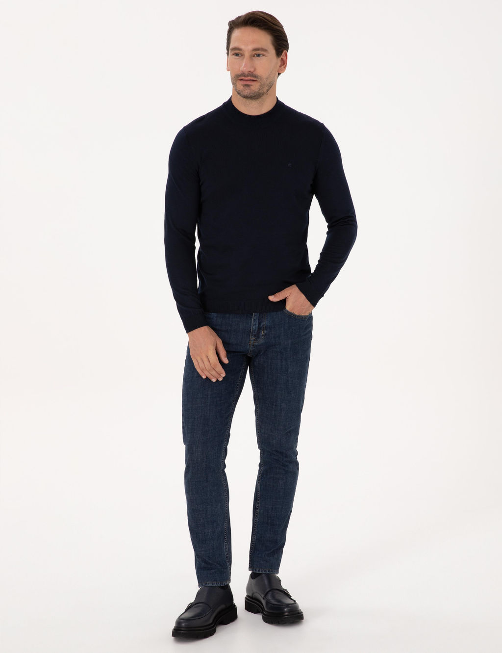 Lacivert Slim Fit Y_n Kar___ml_ _eyrek Bal_k__ Yaka Basic Triko Kazak - Cacharel фото 4