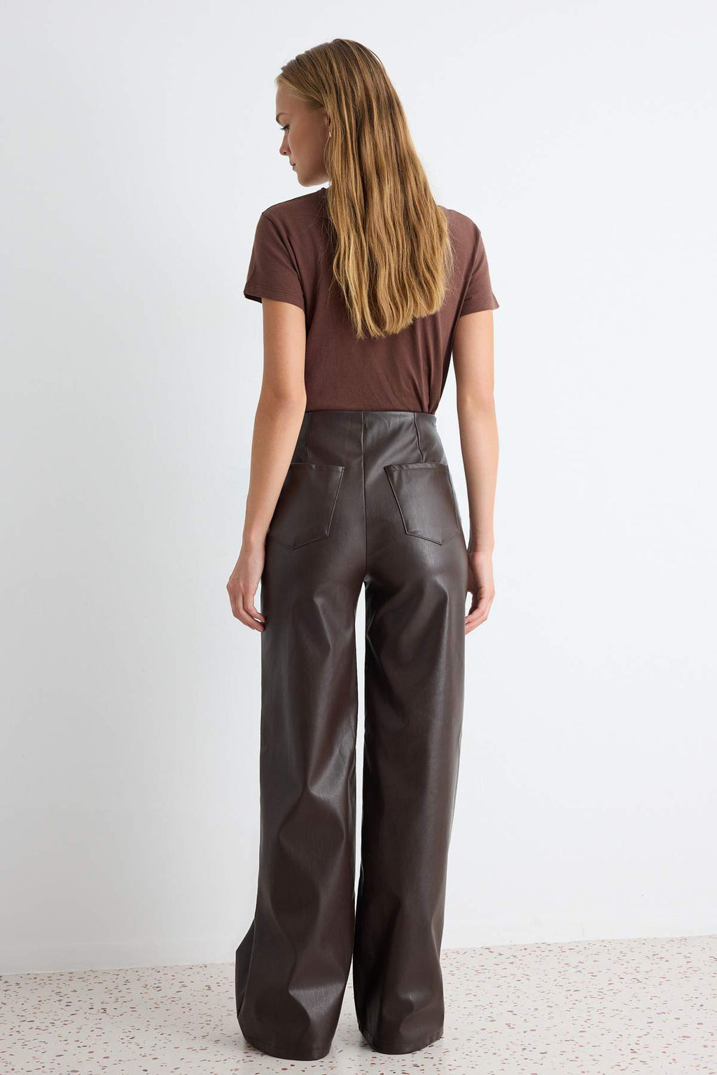 Kahverengi D_z Wide Leg/Geni_ Pa_a Suni Deri _rme Pantolon TWOAW27PL00024 - Trendyolmilla фото 4