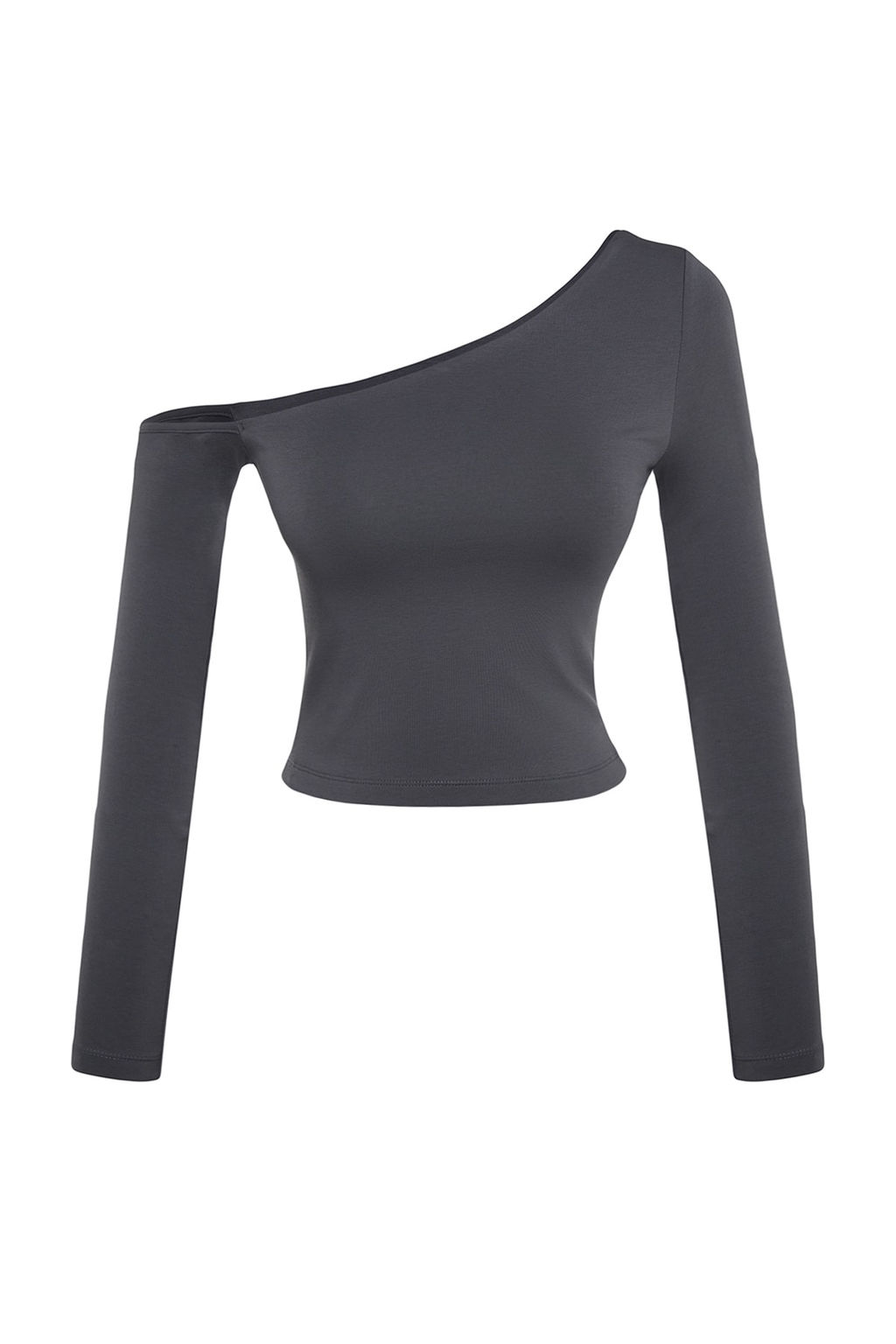 Antrasit Tek Omuz Pamuklu Esnek Fitted/Vucuda Oturan Crop Orme Bluz TWOAW24BZ00099