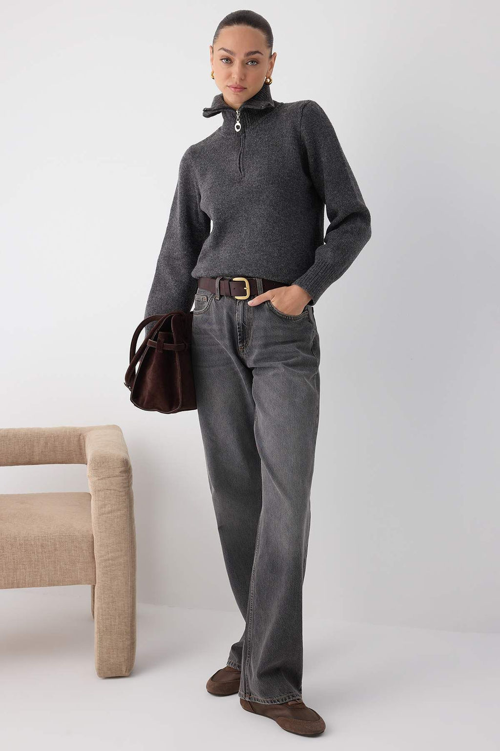 Wardrobe Essentials Kahverengi Yunlu Premium IplikFermuarl? Basic Triko Kazak | TWOAW26KZ00071 - Trendyolmilla фото 8
