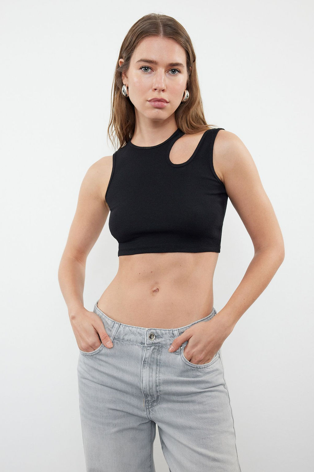 Siyah-gri melanj 2li Paket Cut Out Detayl? Fitted Crop Fitilli Esnek Orme Atlet TWOSS23AL00006