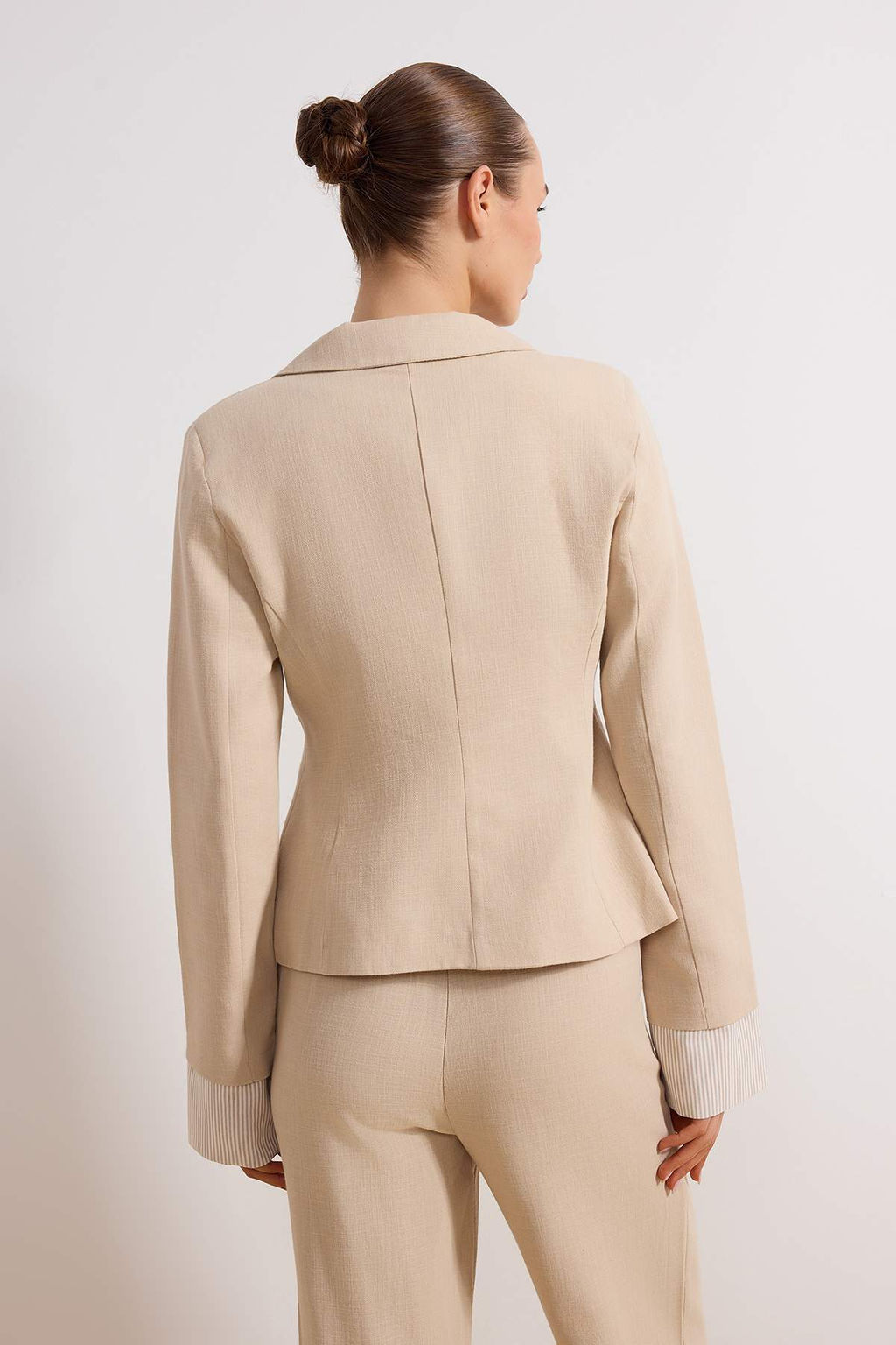 Bej Cizgili Astar Detayl? Dokuma Keten Gorunumlu Blazer Ceket TWOSS26BC00013 - Trendyolmilla фото 4