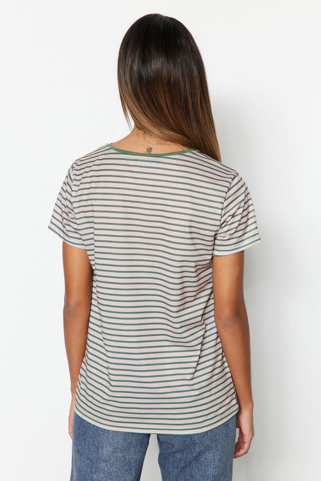 Kahverengi-Bej-Haki Cizgili 3lu Paket Basic Bisiklet Yaka Orme T-Shirt TWOSS20TS0146