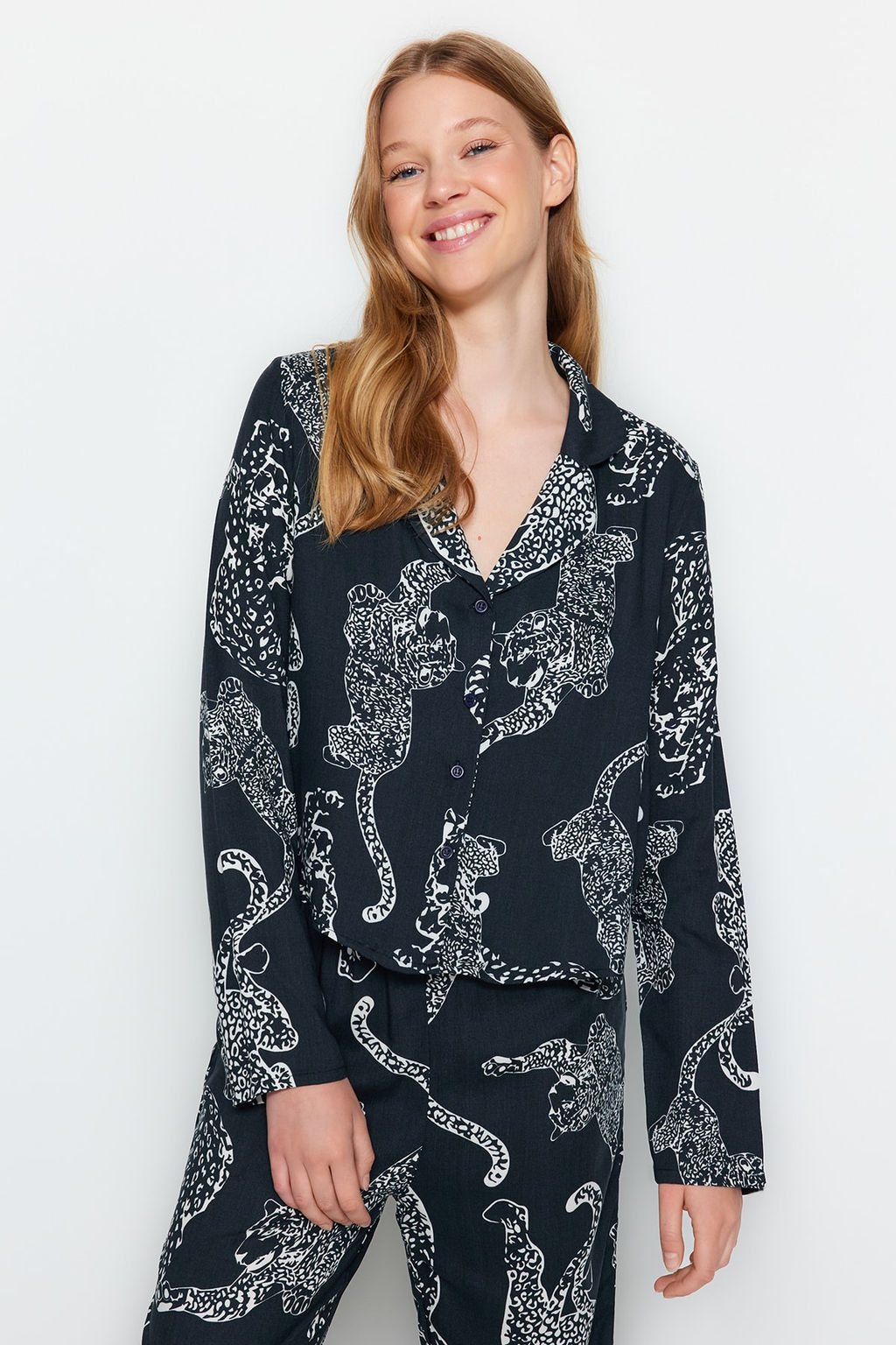 Trendyolmilla Antrasit Kaplan Desenli Viskon Dokuma Pijama Tak?m? THMAW24PT00092  фото 10
