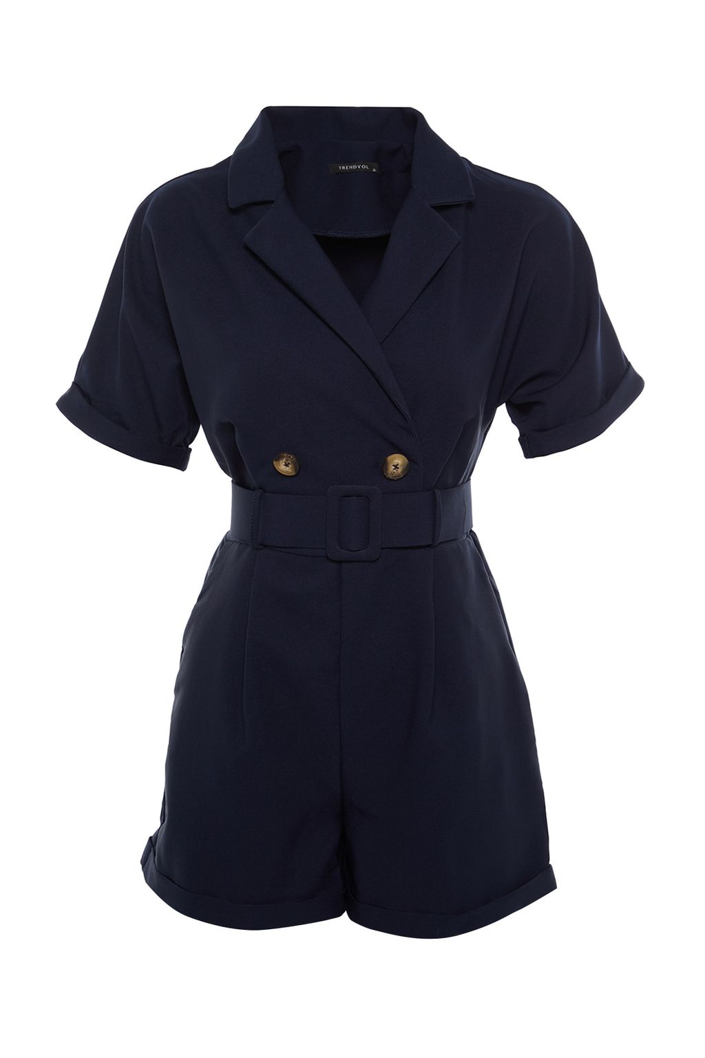 Lacivert Kemerli Kurvaze Yaka Mini Dokuma Tulum TWOSS19WX0112