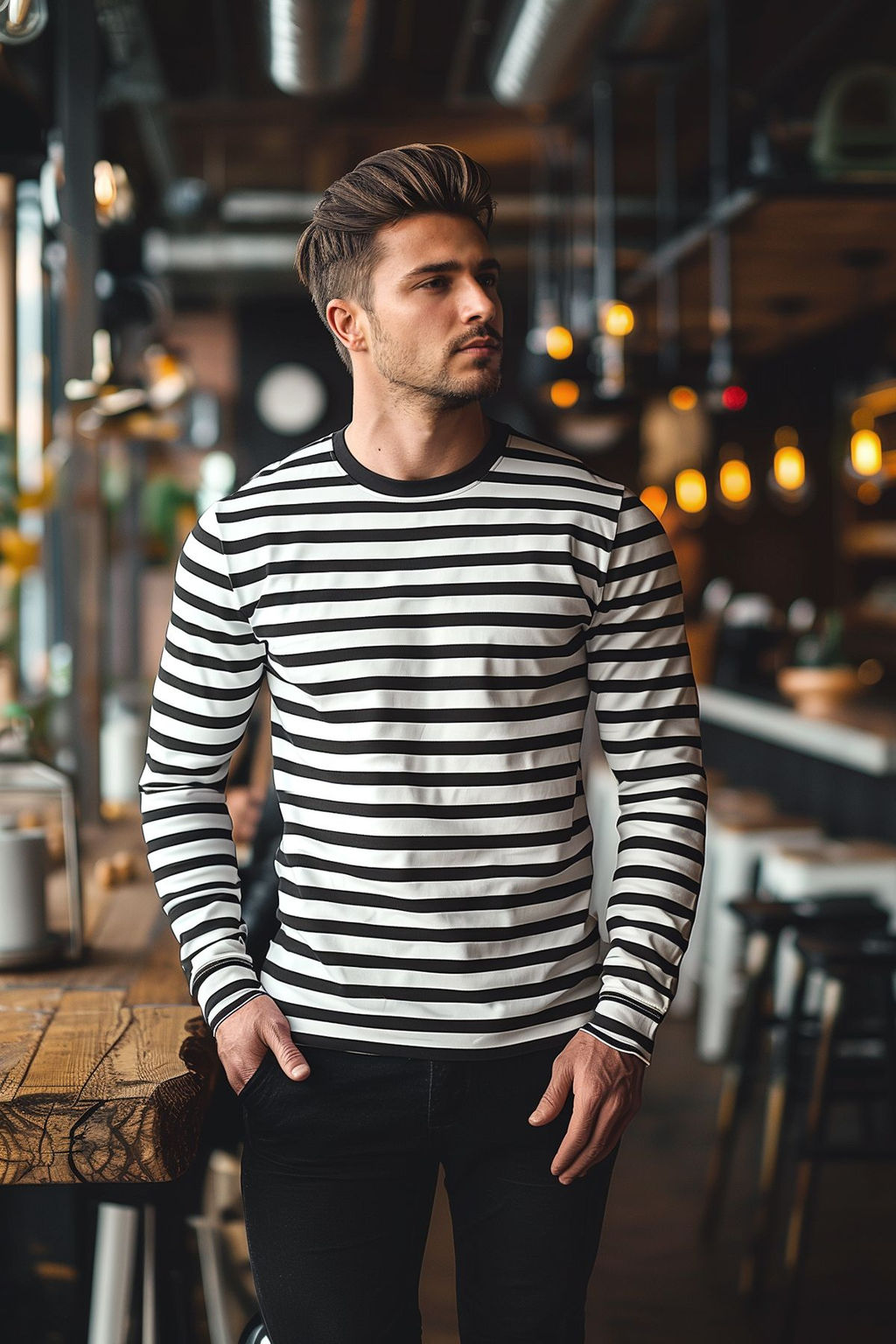 TRENDYOL MAN Siyah Oversize/Genis Kesim Cizgili Bisiklet Yaka Uzun Kol Pamuklu T-Shirt TMNAW25TS00007 - Trendyolmilla фото 2